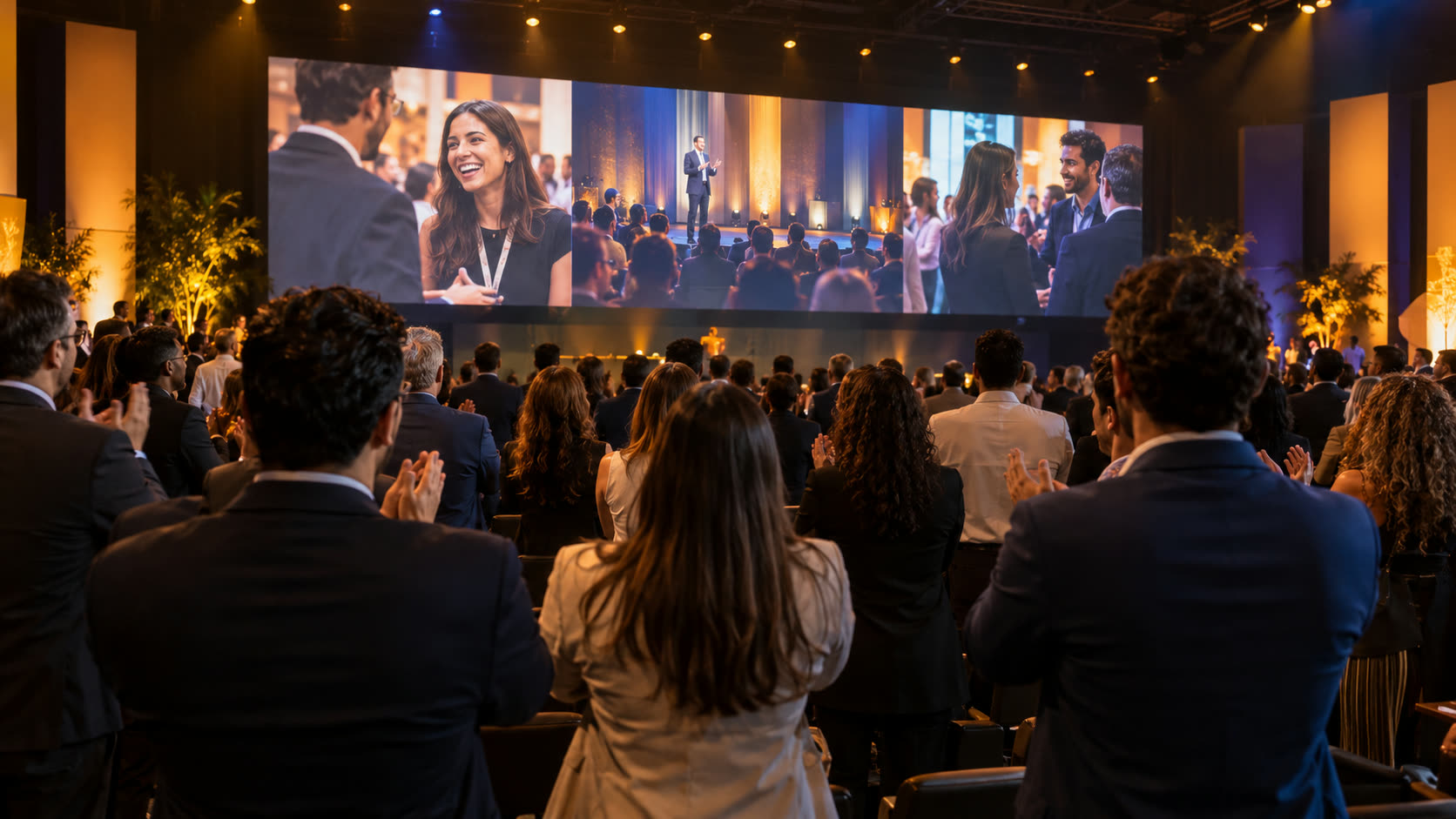 Plateia aplaudindo diante do telão que exibe a retrospectiva do evento