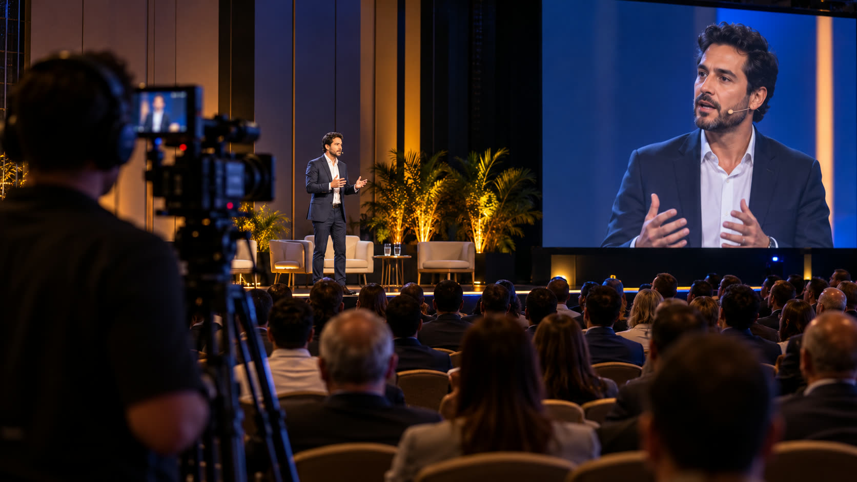 Convenção de empresa com o palestrante no telão e uma câmera profissional em primeiro plano