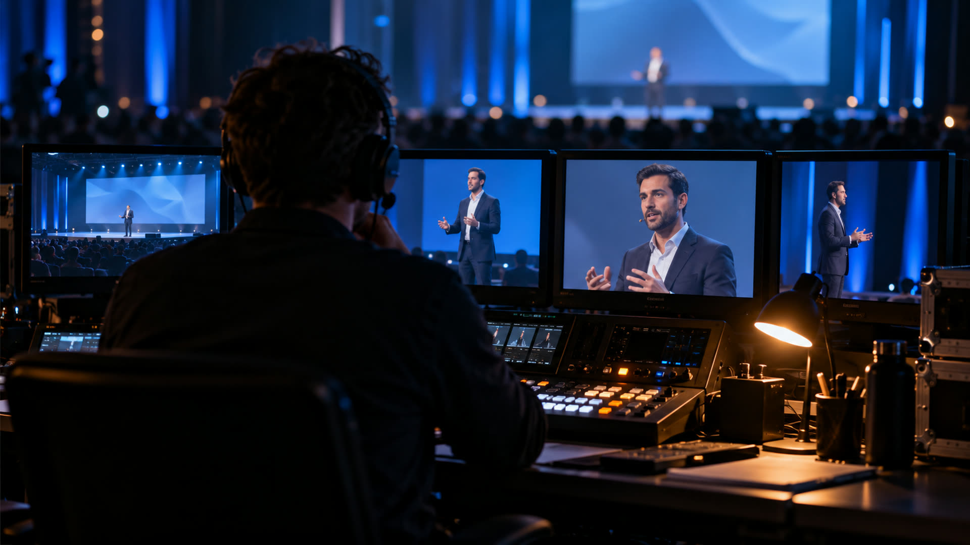 Mesa de corte de vídeo com monitores e o palco ao fundo